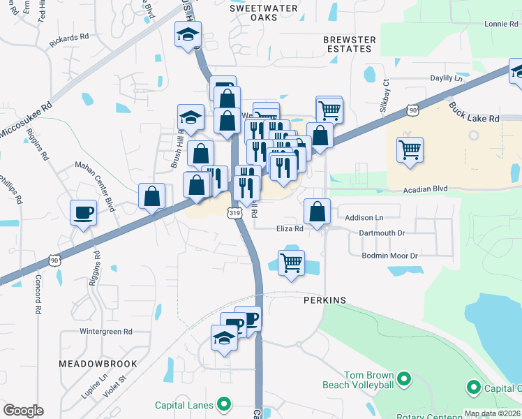 map of restaurants, bars, coffee shops, grocery stores, and more near 3007 Nathan Lane in Tallahassee