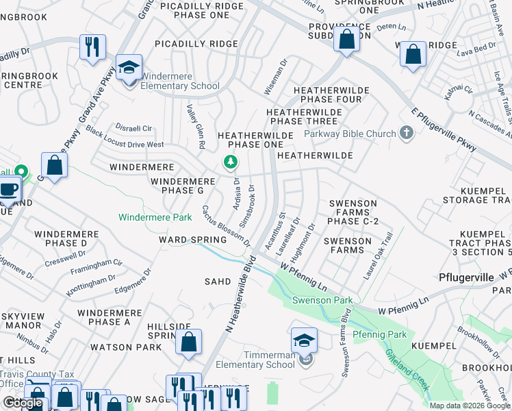 map of restaurants, bars, coffee shops, grocery stores, and more near 17006 Dashwood Creek Drive in Pflugerville