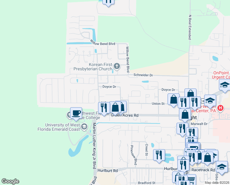 map of restaurants, bars, coffee shops, grocery stores, and more near 708 Doyce Drive in Fort Walton Beach