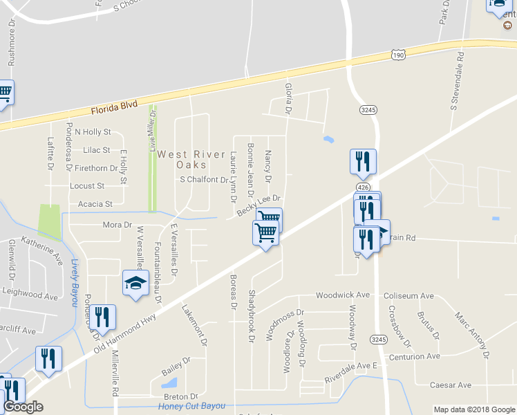 map of restaurants, bars, coffee shops, grocery stores, and more near 15442 Becky Lee Drive in Baton Rouge