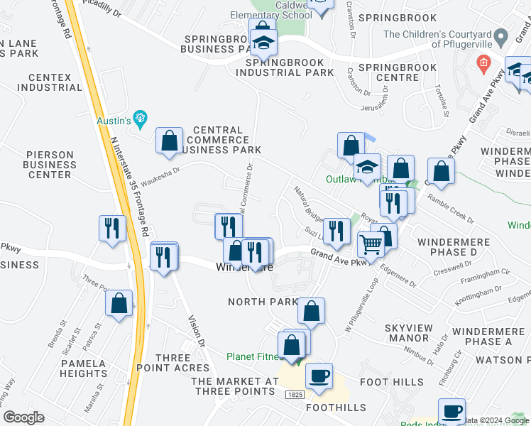 map of restaurants, bars, coffee shops, grocery stores, and more near 1604 Viki Lynn Ct in Pflugerville