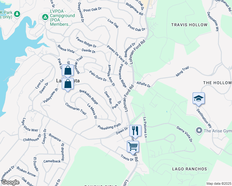 map of restaurants, bars, coffee shops, grocery stores, and more near 6509 Avenida Ann Street in Lago Vista