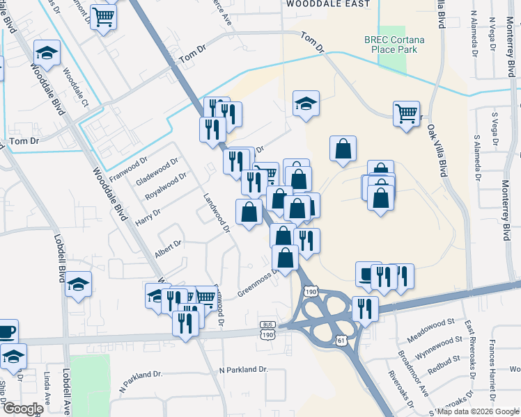 map of restaurants, bars, coffee shops, grocery stores, and more near 8386 Airline Hwy in Baton Rouge