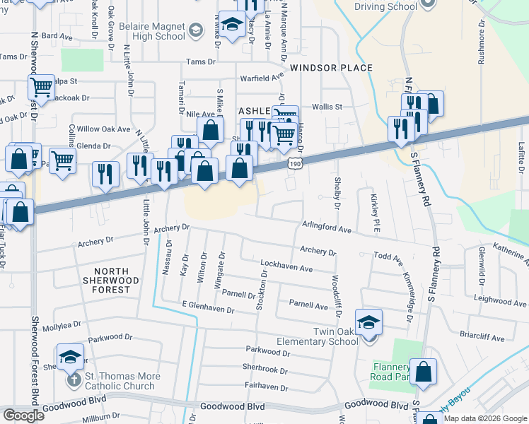 map of restaurants, bars, coffee shops, grocery stores, and more near 270 King John Place in Baton Rouge