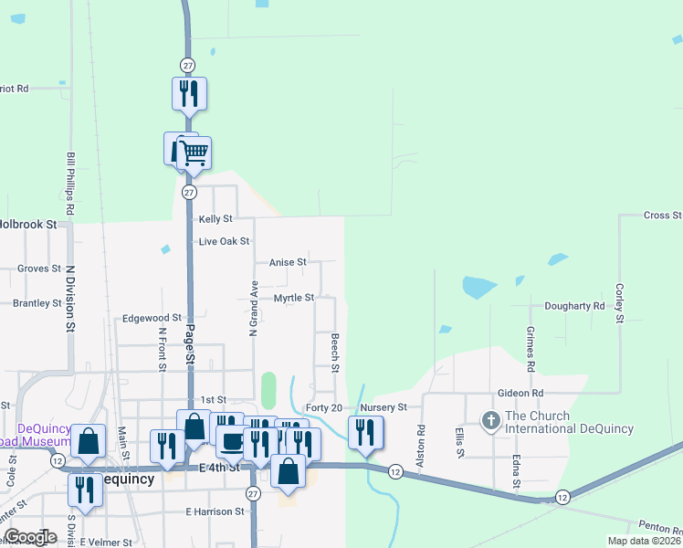 map of restaurants, bars, coffee shops, grocery stores, and more near 1099 Anise St in DeQuincy