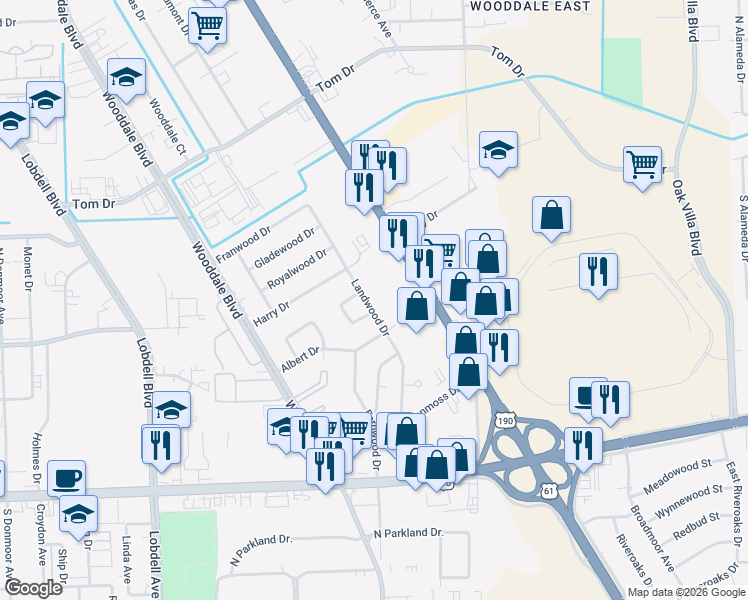 map of restaurants, bars, coffee shops, grocery stores, and more near 774 Landwood Drive in Baton Rouge