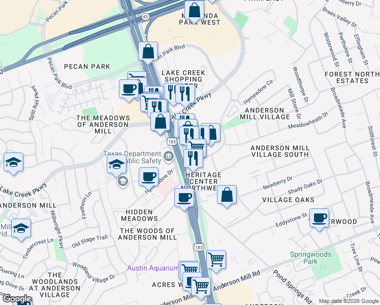 map of restaurants, bars, coffee shops, grocery stores, and more near 13729 North Highway 183 in Austin
