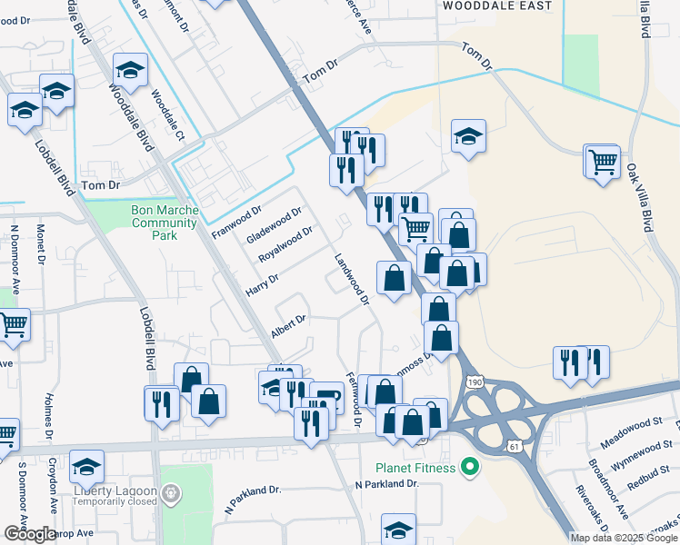map of restaurants, bars, coffee shops, grocery stores, and more near 8266 Queenswood Court in Baton Rouge