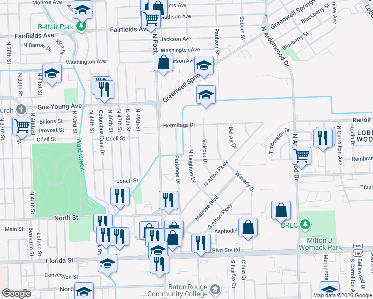map of restaurants, bars, coffee shops, grocery stores, and more near 1117 North Leighton Drive in Baton Rouge