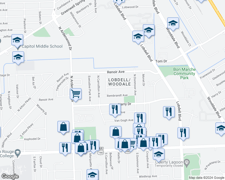 map of restaurants, bars, coffee shops, grocery stores, and more near 6746 Goya Avenue in Baton Rouge