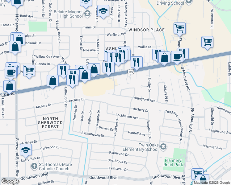 map of restaurants, bars, coffee shops, grocery stores, and more near 270 King John Place in Baton Rouge