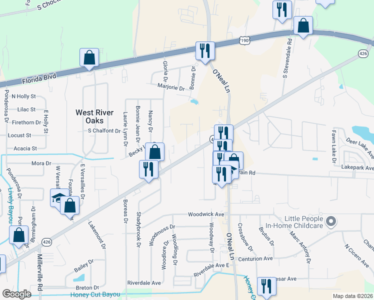 map of restaurants, bars, coffee shops, grocery stores, and more near 15545 Old Hammond Highway in Baton Rouge