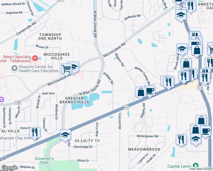 map of restaurants, bars, coffee shops, grocery stores, and more near 01 Blairstone Court in Tallahassee