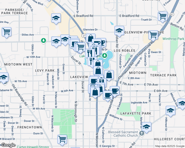 map of restaurants, bars, coffee shops, grocery stores, and more near 1432 North Adams Street in Tallahassee
