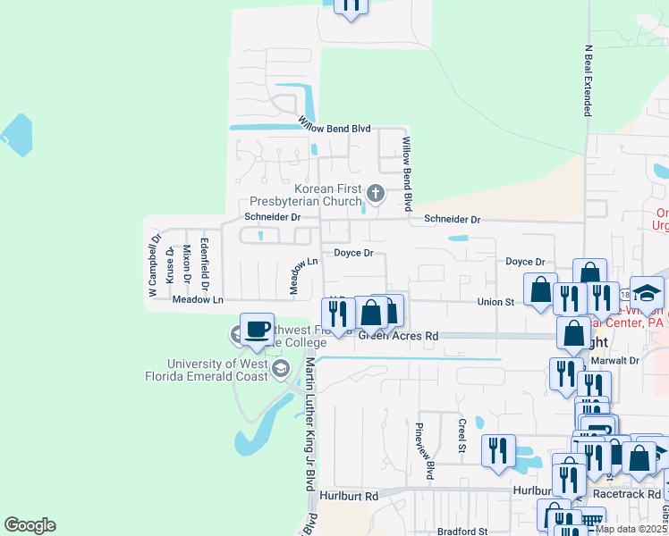 map of restaurants, bars, coffee shops, grocery stores, and more near 1339 Green Acres Boulevard in Fort Walton Beach