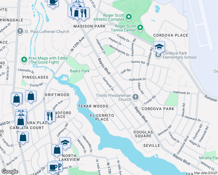 map of restaurants, bars, coffee shops, grocery stores, and more near 741 Gerhardt Drive in Pensacola
