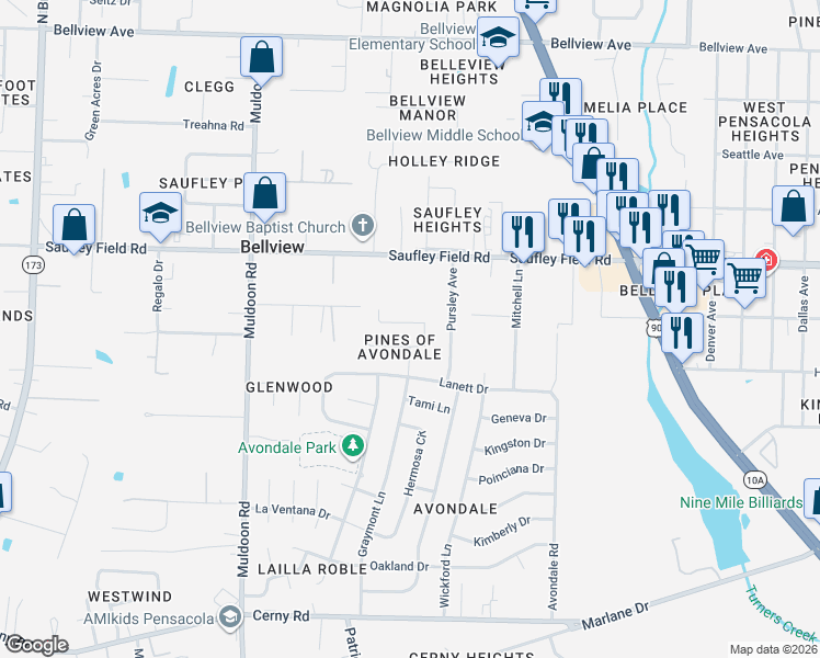 map of restaurants, bars, coffee shops, grocery stores, and more near 4863 Randee Circle in Pensacola
