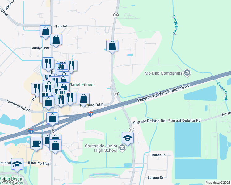 map of restaurants, bars, coffee shops, grocery stores, and more near 8483 Rushing Road East in Denham Springs