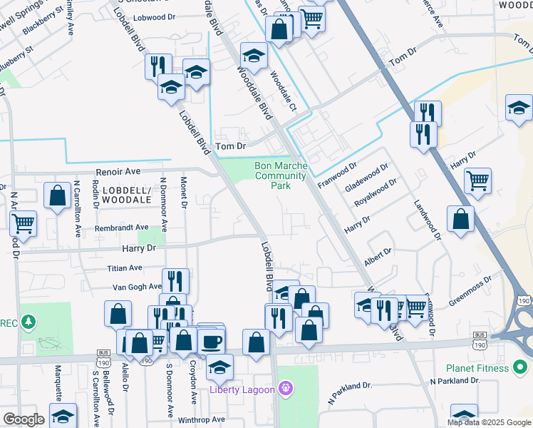 map of restaurants, bars, coffee shops, grocery stores, and more near 900-980 North Lobdell Boulevard in Baton Rouge