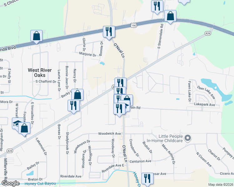 map of restaurants, bars, coffee shops, grocery stores, and more near 739 Sedona Pines Drive in Baton Rouge