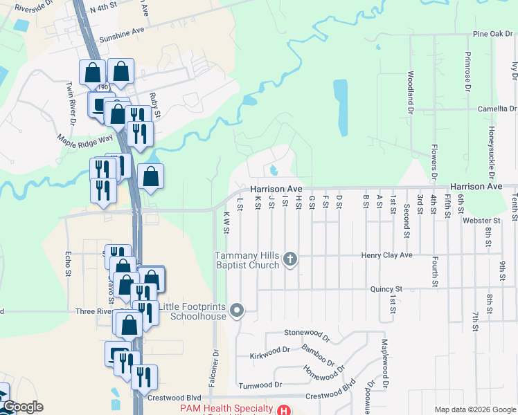 map of restaurants, bars, coffee shops, grocery stores, and more near 70477 K Street in Covington