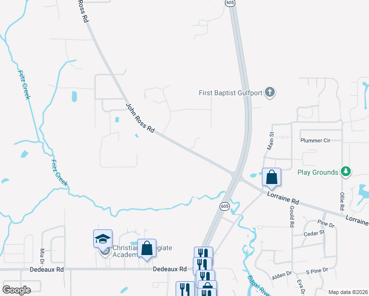 map of restaurants, bars, coffee shops, grocery stores, and more near 12155 John Ross Road in Gulfport