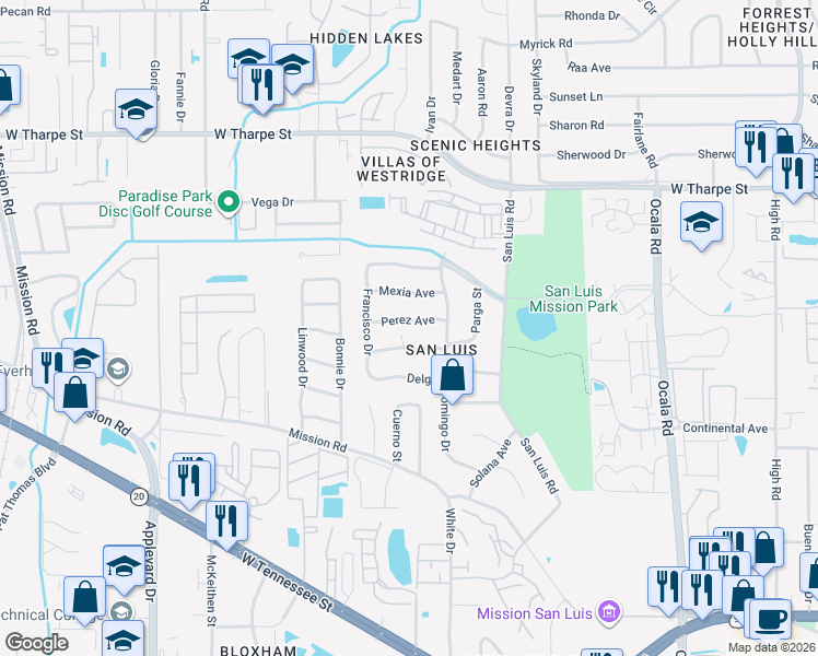 map of restaurants, bars, coffee shops, grocery stores, and more near 2409 Perez Avenue in Tallahassee