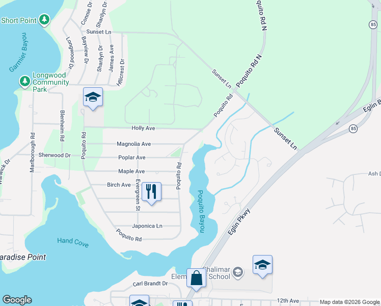 map of restaurants, bars, coffee shops, grocery stores, and more near 9 Poquito Road in Shalimar