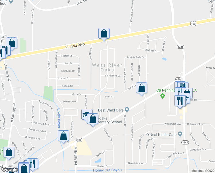 map of restaurants, bars, coffee shops, grocery stores, and more near 585 Fountainbleau Drive in Baton Rouge