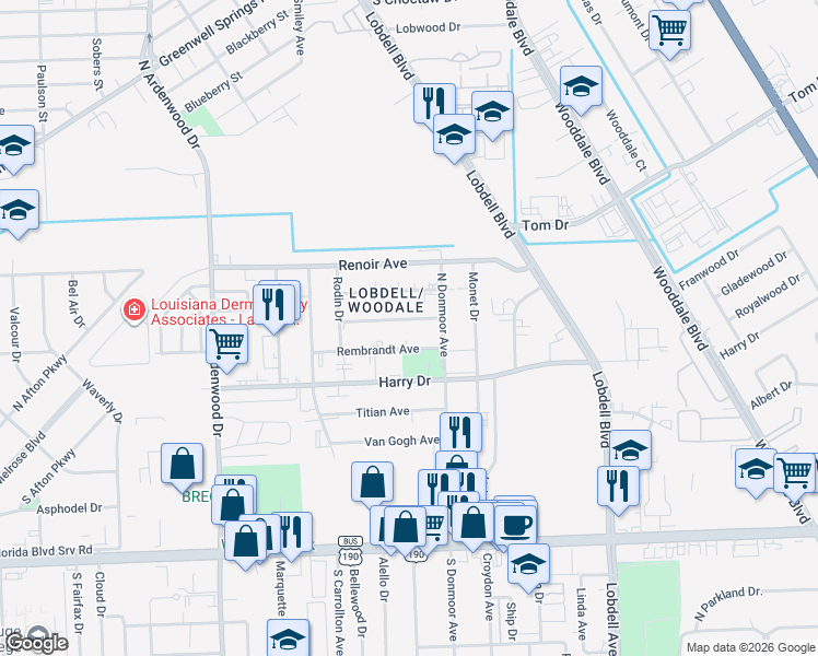 map of restaurants, bars, coffee shops, grocery stores, and more near 6854 Goya Avenue in Baton Rouge