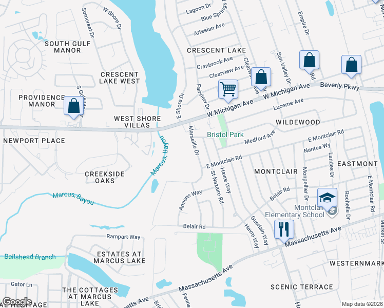 map of restaurants, bars, coffee shops, grocery stores, and more near 4611 Marseille Drive in Pensacola