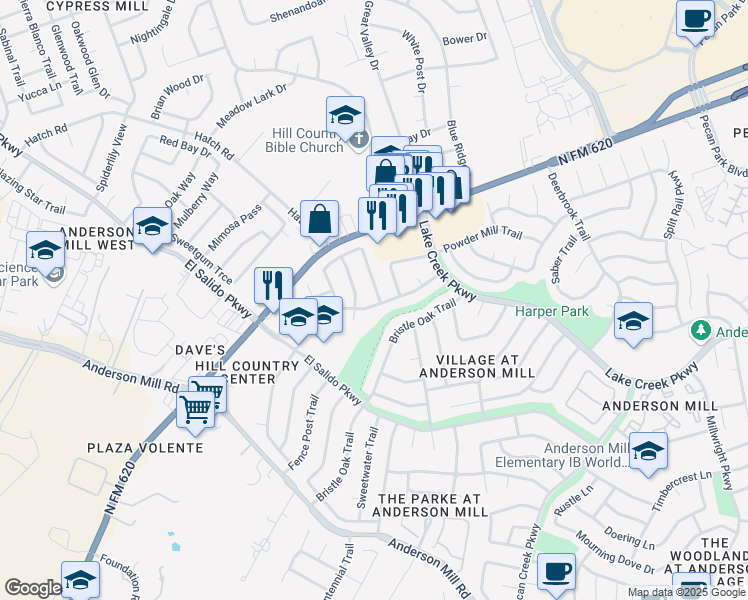 map of restaurants, bars, coffee shops, grocery stores, and more near 12006 Tanglebriar Trail in Austin