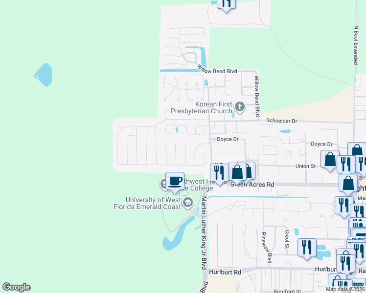 map of restaurants, bars, coffee shops, grocery stores, and more near 912 Spruce Court in Fort Walton Beach