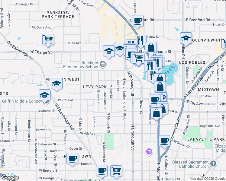 map of restaurants, bars, coffee shops, grocery stores, and more near 1433 Green Street in Tallahassee