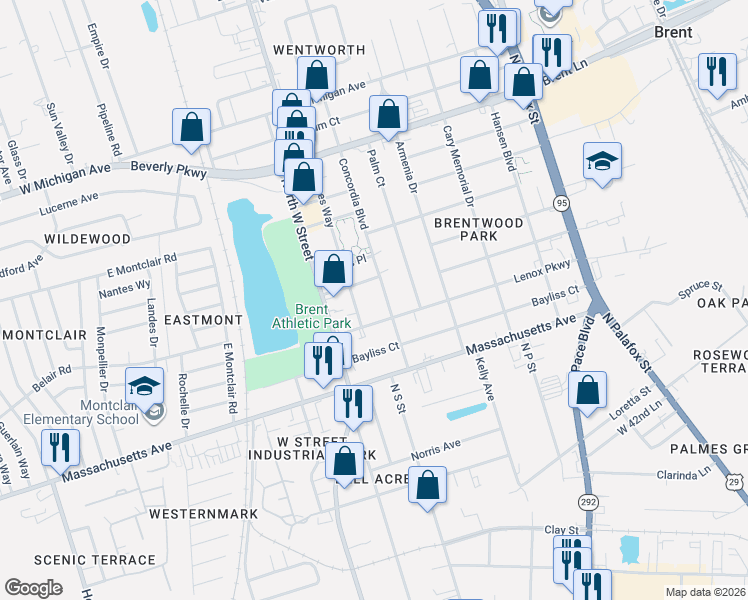 map of restaurants, bars, coffee shops, grocery stores, and more near 211 Concordia Boulevard in Pensacola