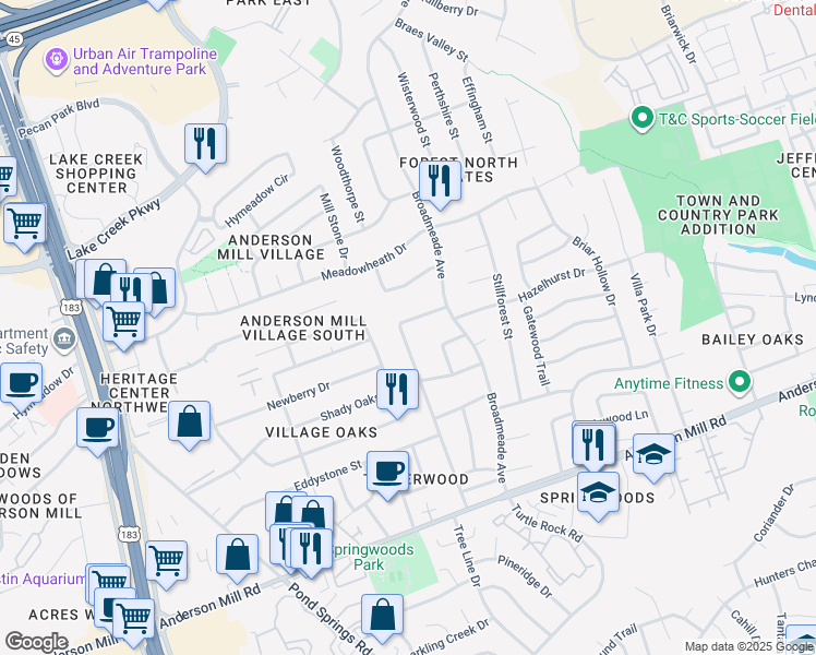 map of restaurants, bars, coffee shops, grocery stores, and more near 13019 Sherbourne Street in Austin