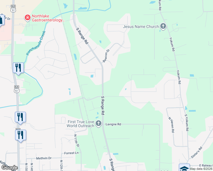 map of restaurants, bars, coffee shops, grocery stores, and more near 41444 South Range Road in Hammond