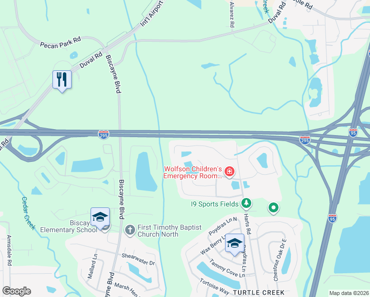 map of restaurants, bars, coffee shops, grocery stores, and more near 1010 Cherry Point Way in Jacksonville