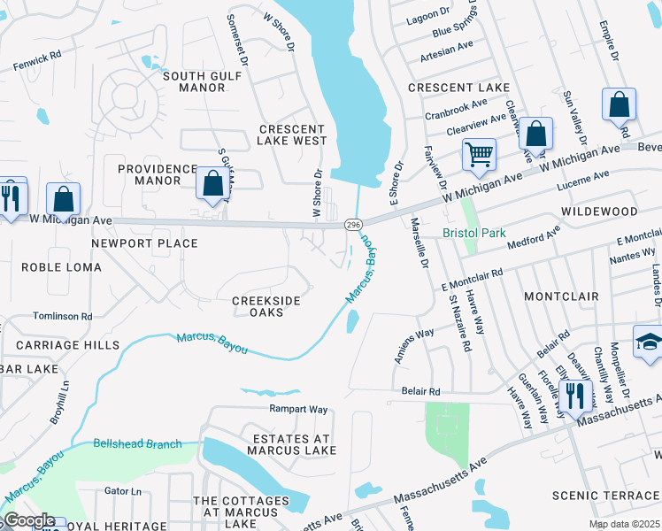 map of restaurants, bars, coffee shops, grocery stores, and more near 2301 West Michigan Avenue in Pensacola