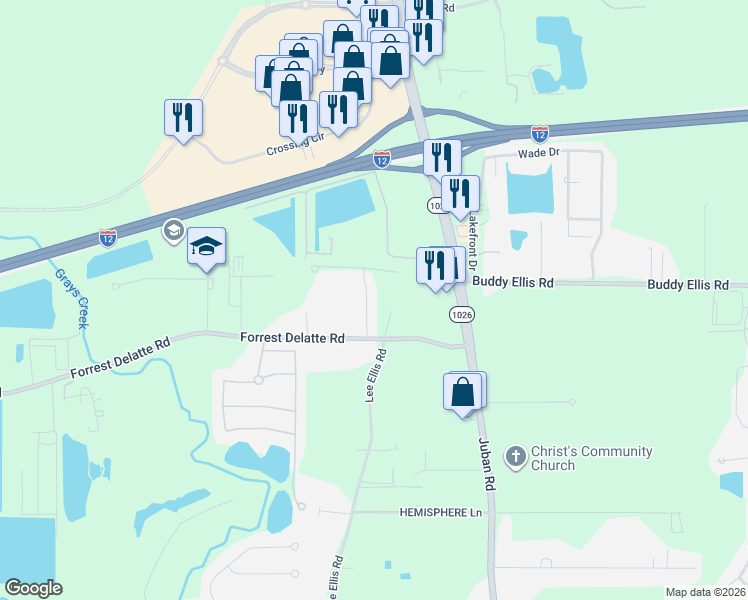 map of restaurants, bars, coffee shops, grocery stores, and more near 26 Lee Ellis Road in Denham Springs