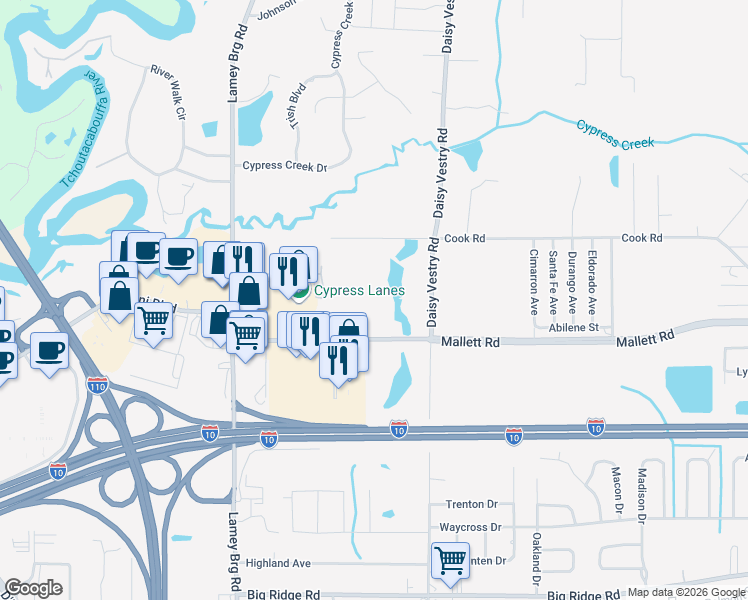 map of restaurants, bars, coffee shops, grocery stores, and more near 3072 Mallett Road in D'Iberville