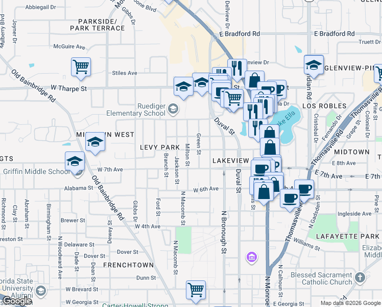 map of restaurants, bars, coffee shops, grocery stores, and more near 1433 Green Street in Tallahassee