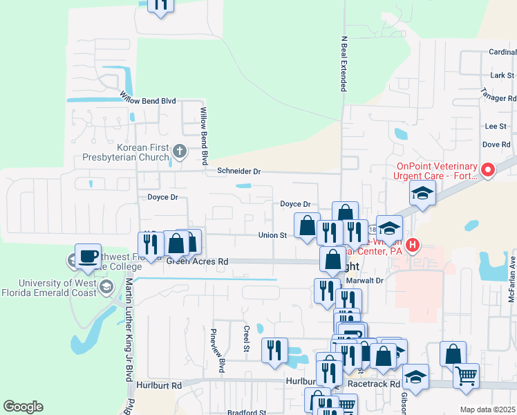 map of restaurants, bars, coffee shops, grocery stores, and more near 1872 Whispering Oaks Lane in Fort Walton Beach
