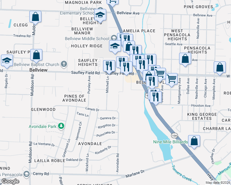 map of restaurants, bars, coffee shops, grocery stores, and more near 5915 Hobson Lane in Pensacola