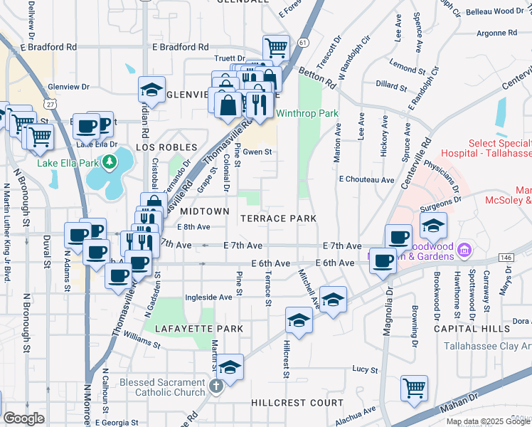 map of restaurants, bars, coffee shops, grocery stores, and more near 1354 Terrace Street in Tallahassee