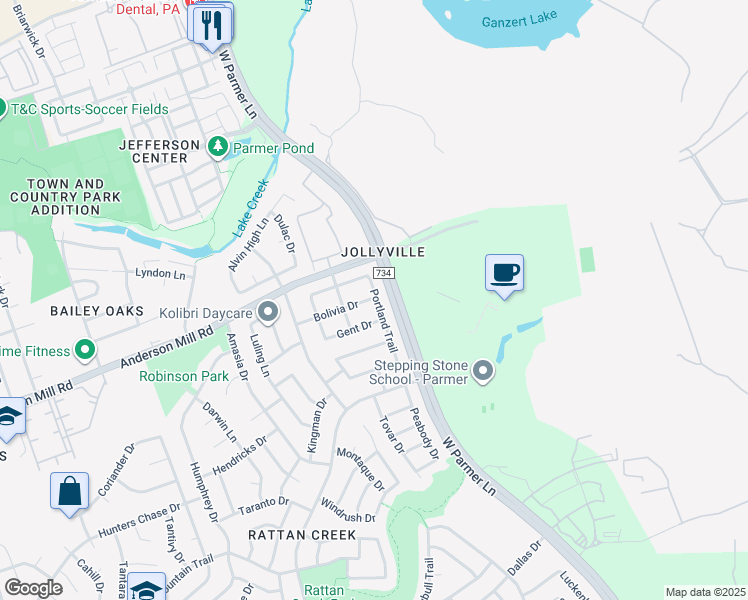 map of restaurants, bars, coffee shops, grocery stores, and more near 13535 Bolivia Drive in Austin