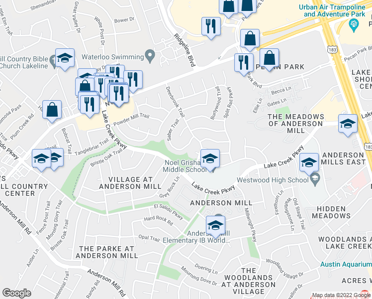 map of restaurants, bars, coffee shops, grocery stores, and more near 12213 Waterside Trail in Austin