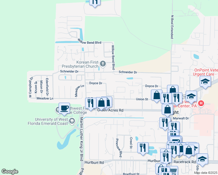 map of restaurants, bars, coffee shops, grocery stores, and more near 1325 Greendale Avenue in Shalimar