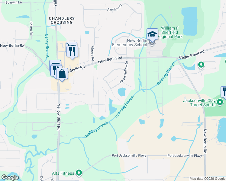 map of restaurants, bars, coffee shops, grocery stores, and more near 12315 Glenn Hollow Drive in Jacksonville