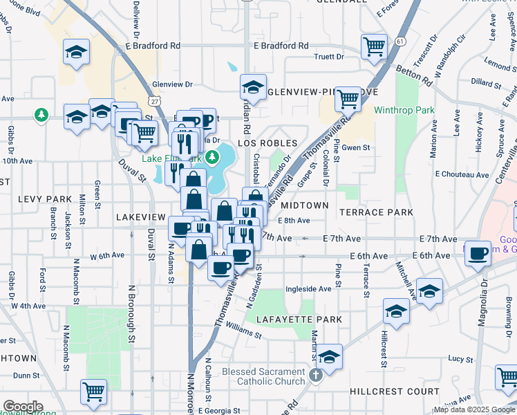 map of restaurants, bars, coffee shops, grocery stores, and more near 1447 Thomasville Rd in Tallahassee